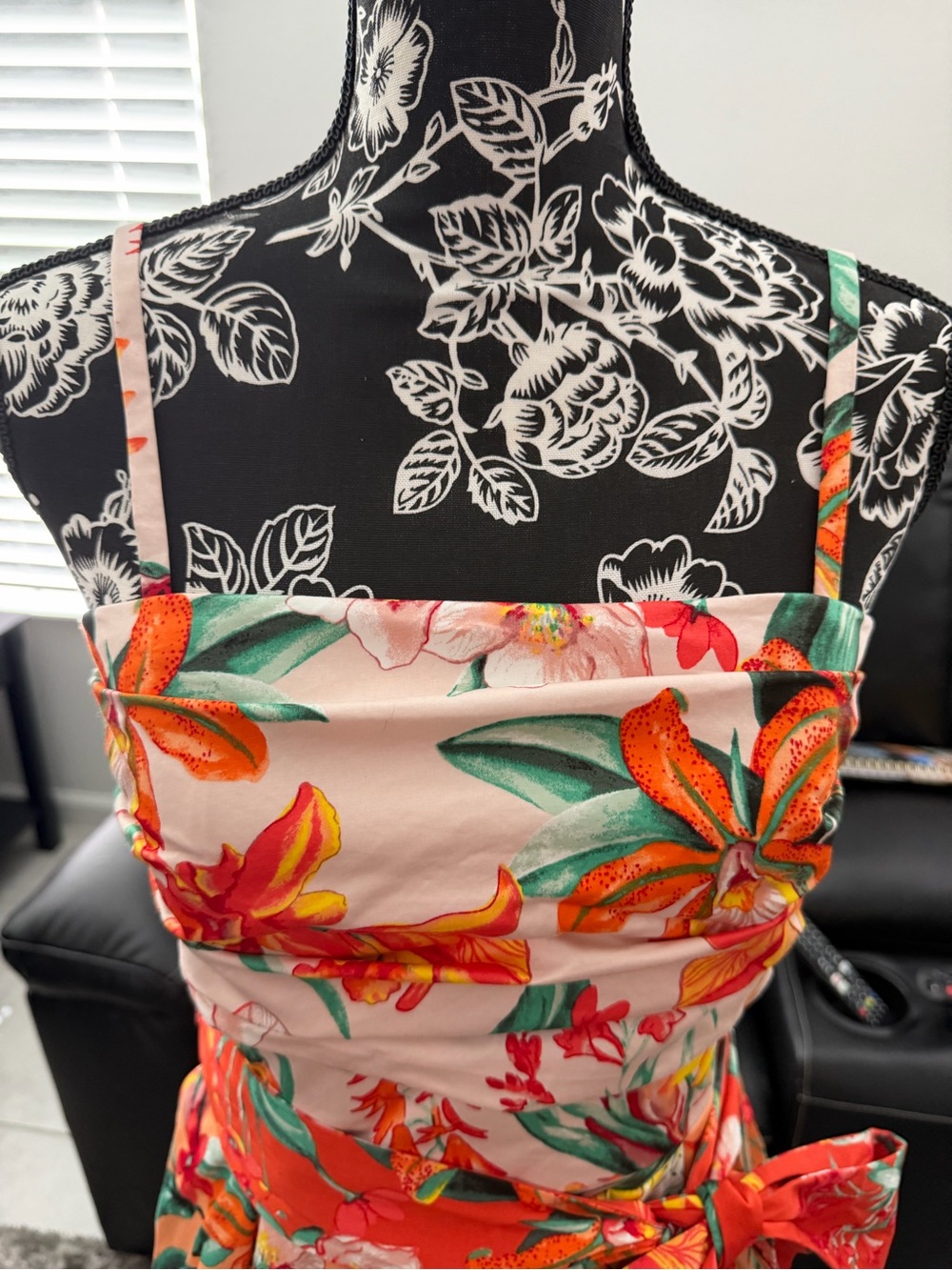 White House Black Market Orange/Cream Smocked Floral Dress w/removable straps - Picture 4 of 12